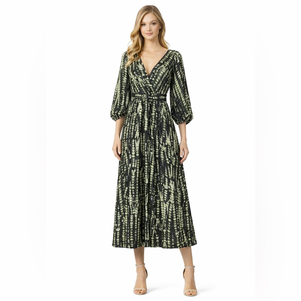 Banana Republic Midi Dress M Medium Green Black Cream Silky Stretch Washable